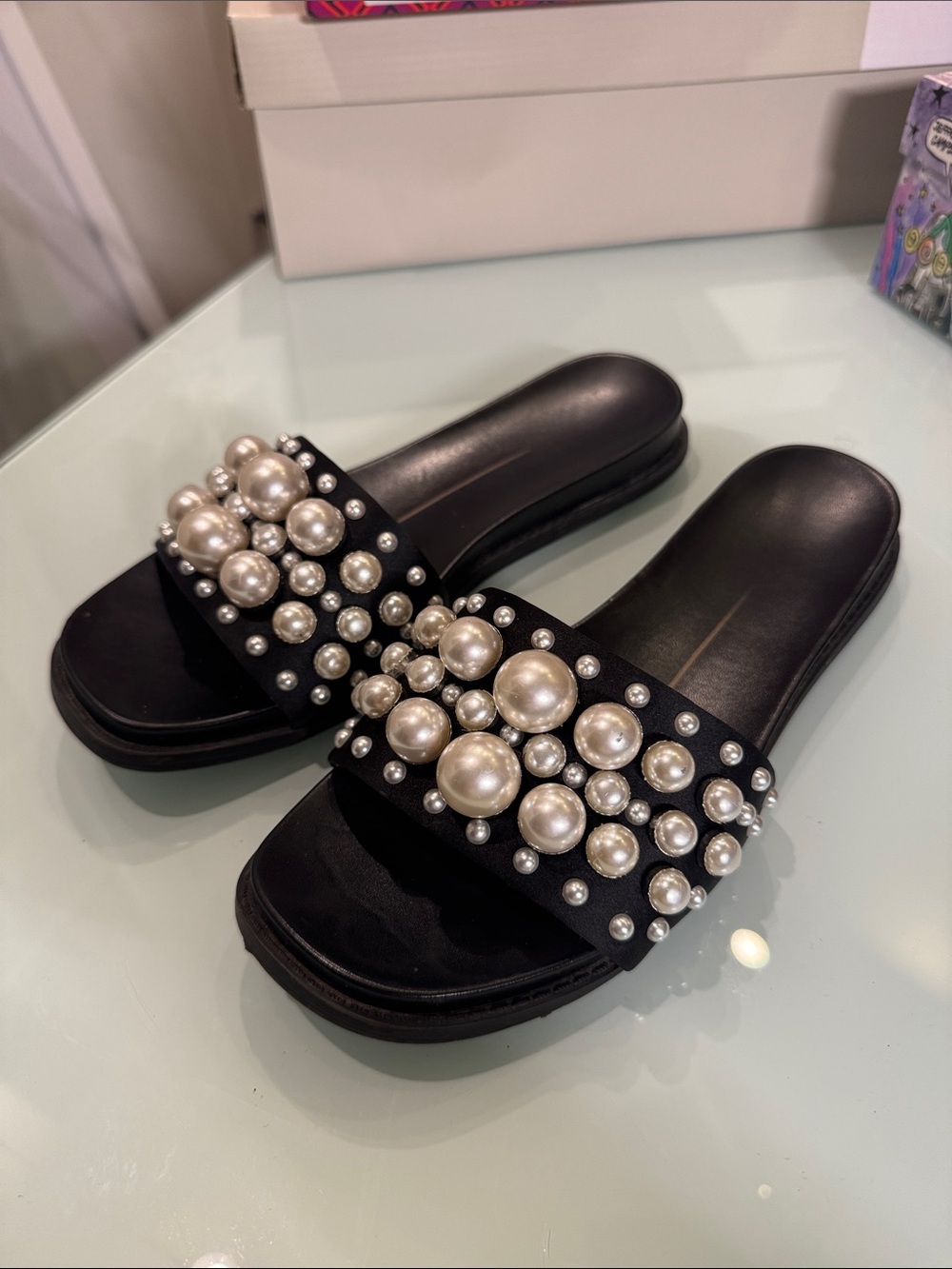 Dolce Vita Black Pearl-Embellished Slide Sandals